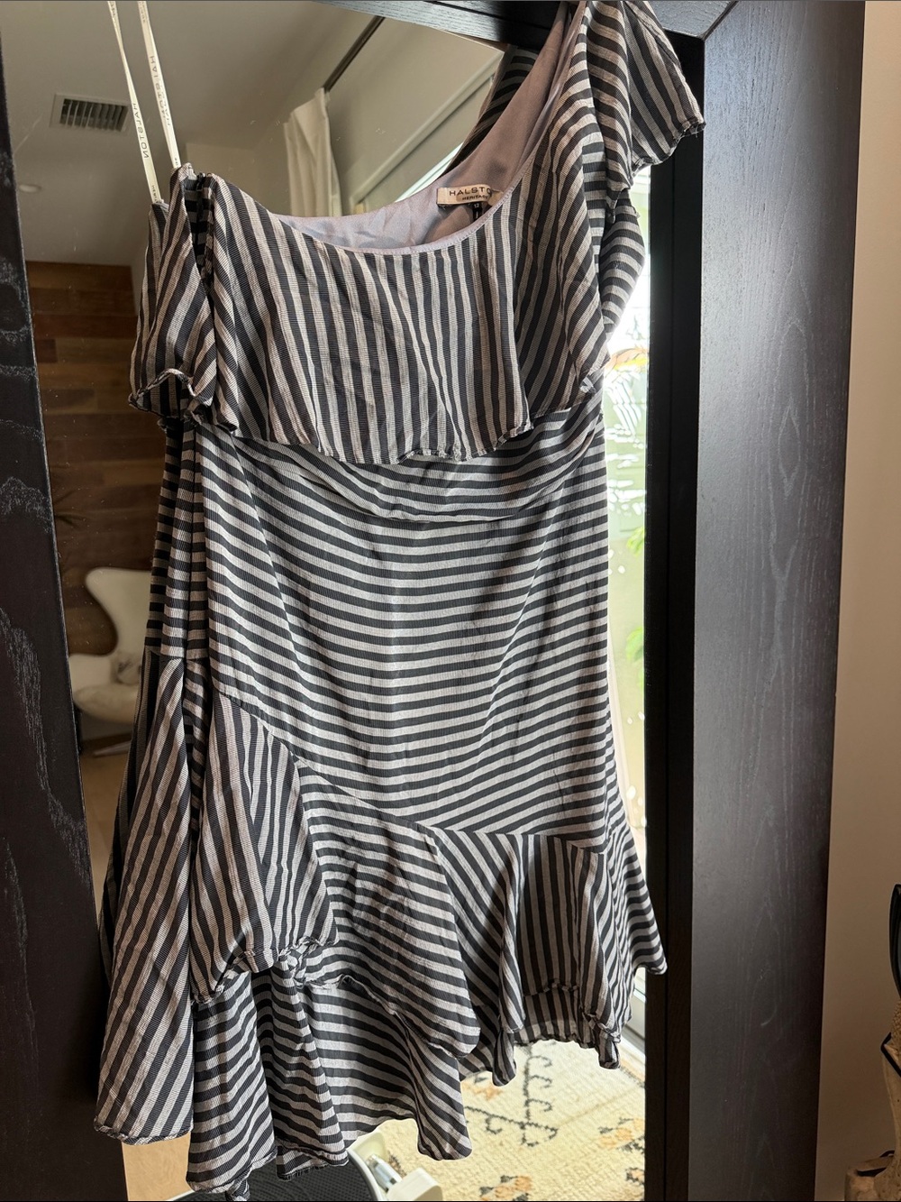 Halston Heritage Black & White One-Shoulder Ruffle Dress